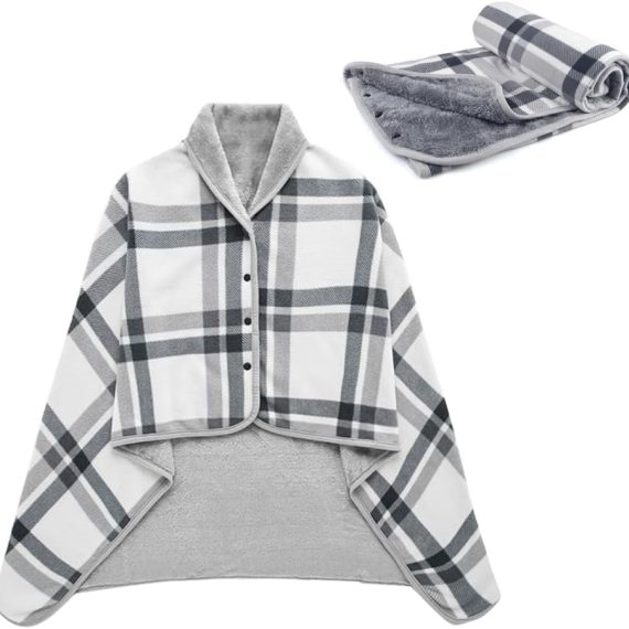 Fleece Wearable Blanket Poncho for Women 55 x 39 Plaid Lap Blankets Comfy Throw Shawl with Buttons for Bed Sofa Office - Plush Sleeveless for Grandma