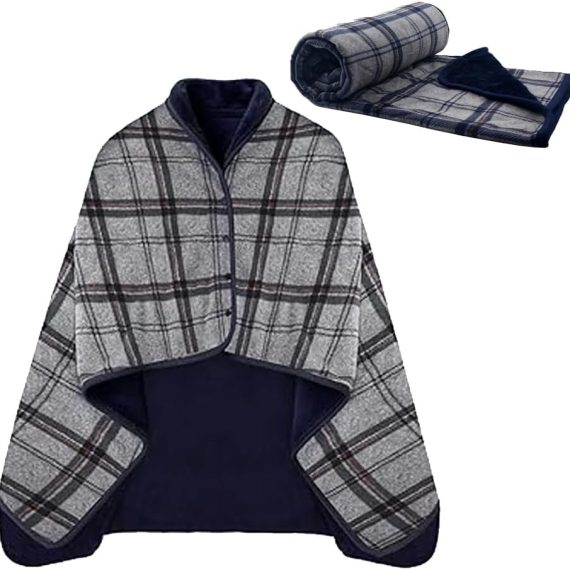 Fleece Wearable Blanket Poncho for Women 55 x 39 Plaid Lap Blankets Comfy Throw Shawl with Buttons for Bed Sofa Office - Plush Sleeveless for Grandma