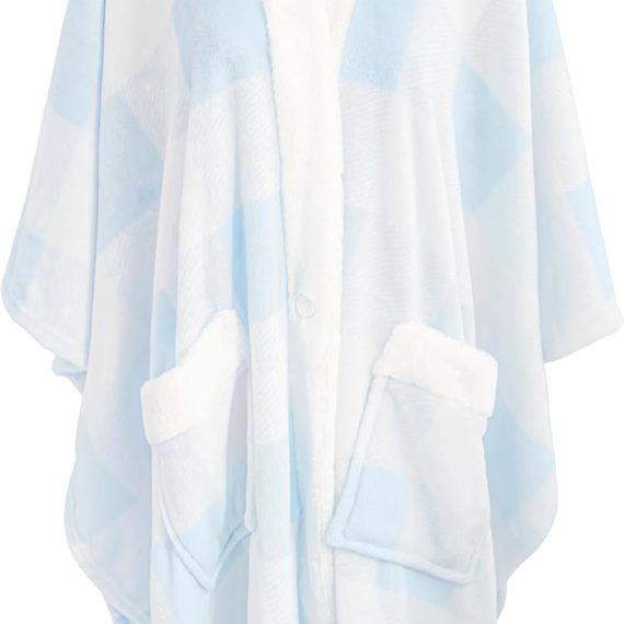 Blanket, Poncho Shawl Wearable Blanket with Pockets and Sleeves for Women and Men, Warm Snuggie, Soft Fuzzy Robe Fleece Throw for Gifting, Home, Travel (Winter Blue Check)