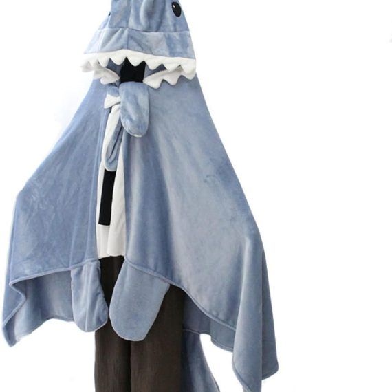 Shark Cosplay Blanket Wearable Flannel Fleece Throw Hooded Cloak Shawl Wrap Nap Sleeping Bag Flannel Cape Hoodie (Blue, fit height 60-80inch)