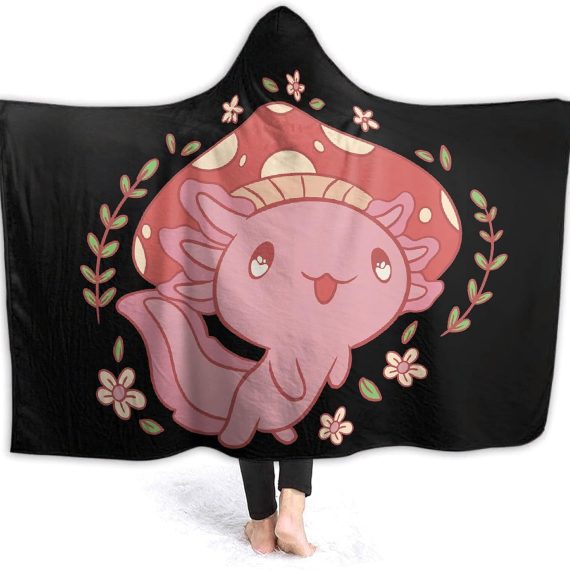 Axolotl and Mushroom Hooded Blanket Soft and Lightweight Flannel Throw Suitable for Use in Bed, Living Room and Travel 60"x50" for Teens