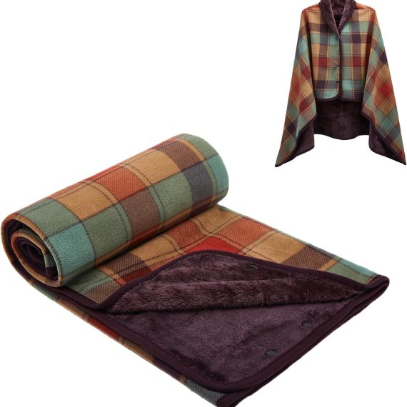Fleece Wearable Blanket, Plaid Lap Blanket Comfy Poncho Throw with Buttons for Bed Sofa Office
