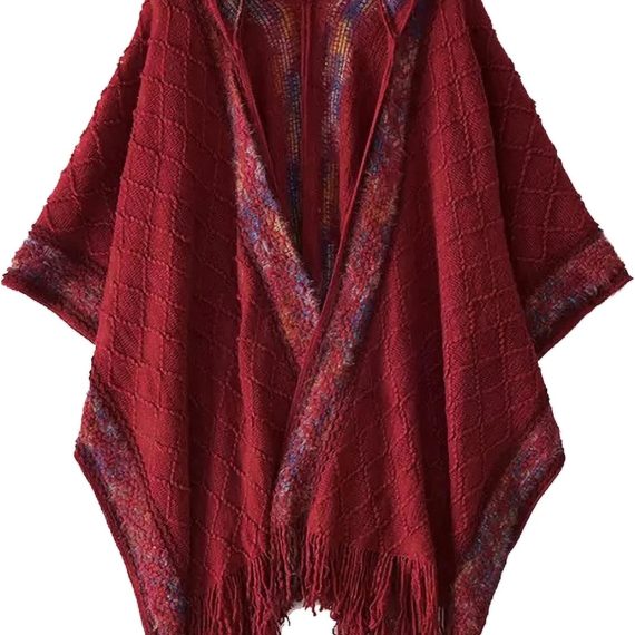Knit Shawl Wraps for Women Soft Fringe Poncho Sweater Cape with Hooded for Fall Winter