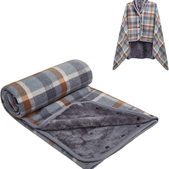 Fleece Wearable Blanket, Plaid Lap Blanket Comfy Poncho Throw with Buttons for Bed Sofa Office