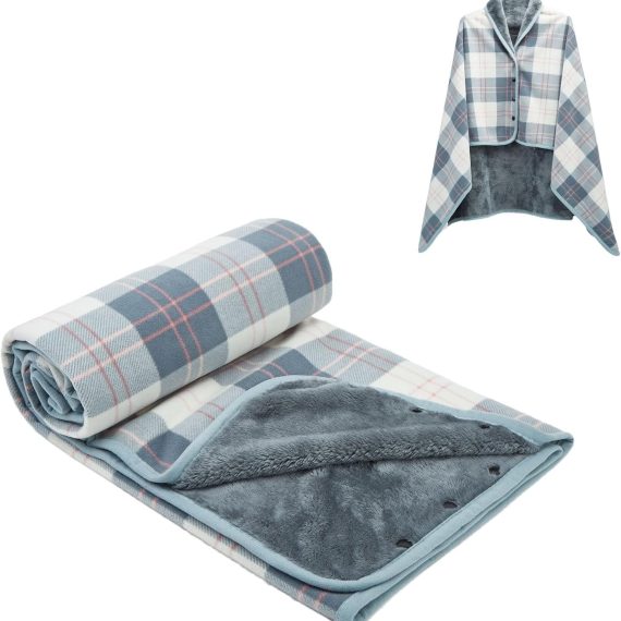 Fleece Wearable Blanket, Plaid Lap Blanket Comfy Poncho Throw with Buttons for Bed Sofa Office