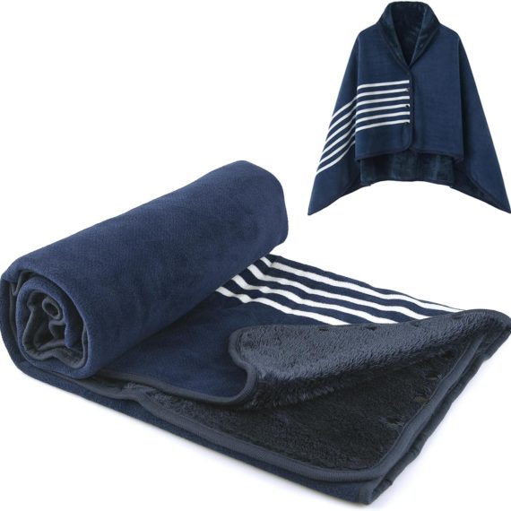 Fleece Wearable Blanket, Plaid Lap Blanket Comfy Poncho Throw with Buttons for Bed Sofa Office, Blue-White