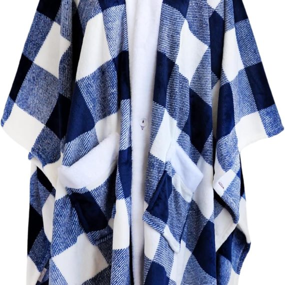 Blanket, Poncho Shawl Wearable Blanket with Pockets and Sleeves for Women and Men, Unisex, Warm Snuggie, Soft Fuzzy Robe Fleece Throw Blanket for Gifting, Home, Travel (Navy Check)