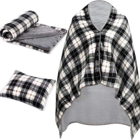 Plush Wearable Blanket Travel Blanket Pillow 2 in 1 with Sleeves and Buttons Lap Throw Shawl for Women Gifts(Plaid)