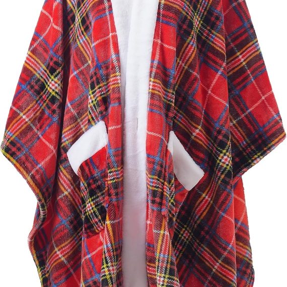 Blanket, Poncho Shawl Wearable Blanket with Pockets and Sleeves for Women and Men, Warm Snuggie, Soft Fuzzy Robe Fleece Throw for Gifting, Home, Travel(Red Plaids)